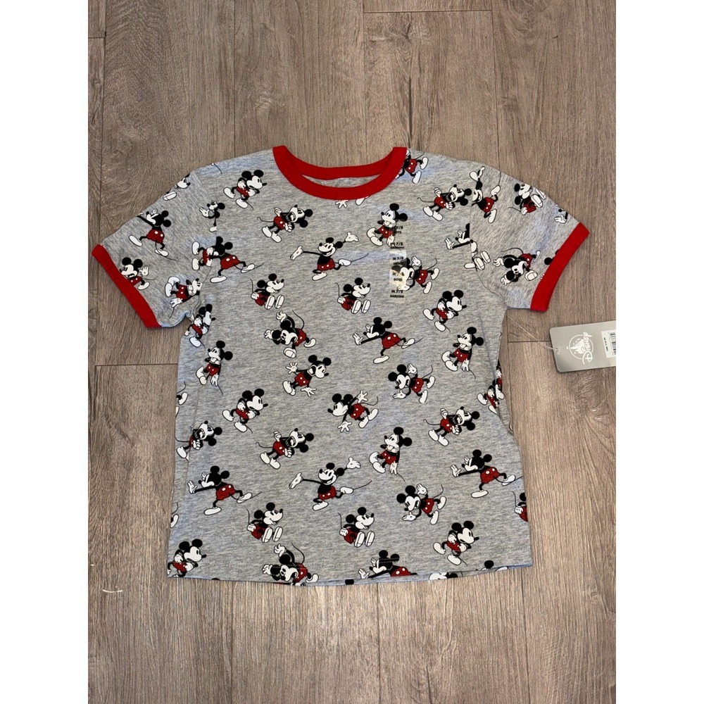 Disney Ringer T Shirt‎ Kids Medium 10/12 Gray Graphic Mickey Mouse Allover Print